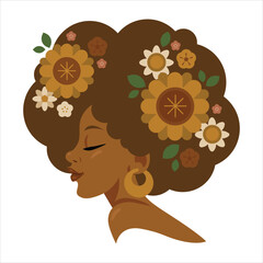 Elegant afro-haired woman adorned with golden sunflowers and nature Vector