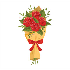  red rose bouquet illustration with green leaves and ribbon Vector