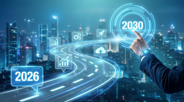 A professional hand with a smartwatch touches a glowing 2030 on a digital roadmap displaying progress icons above a futuristic city at night envisioni