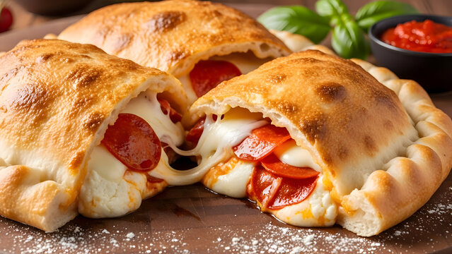 Delicious calzone pizza cut open on wooden board with melted cheese and pepperoni