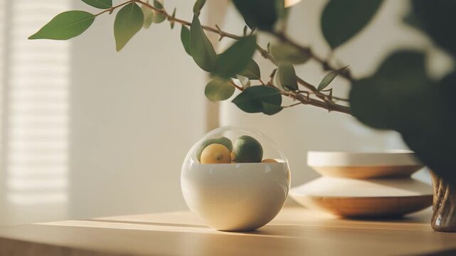 Minimalist home interior showcasing a white bowl holding fresh lemons and limes, complemented by a green leafy branch and natural sunlight casting window shadows on a bright wall