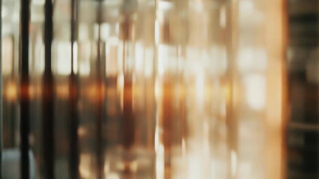 Vertical metal panels reflect warm light into a blurred gold to bronze gradient, creating an elegant, minimal abstract background with vertical lines and subtle metallic texture