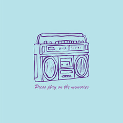 Vintage stereo cassete player print design hand drawn vector illustration