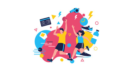 Energetic young man and woman celebrate achievement by jumping with a basketball and fitness accessories symbolizing active healthy sport lifestyle goals and achievement.