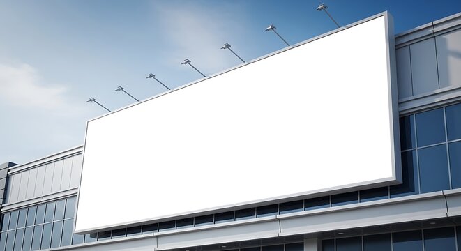 Blank white big rectangular box on shop mockup, sky background. Empty emporium banner mock up. Clear signplate for sport or department store mockup template.