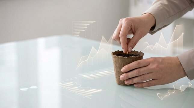 Person planting a seed in a small pot with overlaid financial growth charts, symbolizing investment and business development.