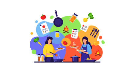 Obraz premium Two female cooks are preparing dishes in a kitchen setting while surrounded by floating ingredients, recipe checklists, and cooking utensils for a culinary class.