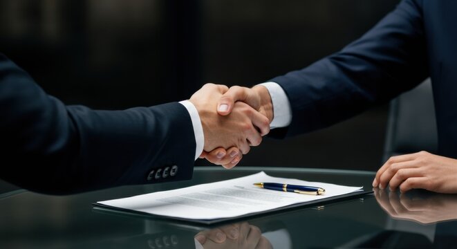 Business handshake over contract on reflective glass table with pen and hands
