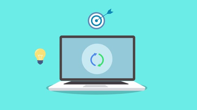 Flat animation of a laptop with data processing cycle icon, target, lightbulb, and growth chart, representing artificial intelligence, data processing analytics, system optimization, and digital busin