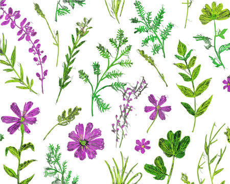 Padr&atilde;o bot&acirc;nico sem costura com ilustra&ccedil;&atilde;o aquarela de folhas verdes e delicadas flores roxas, perfeito para designs transparentes e fundos de primavera.