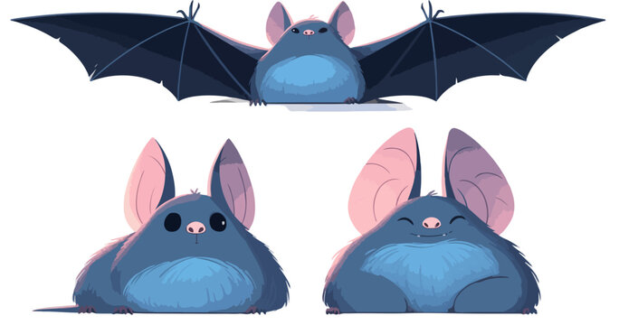 Ador&aacute;veis morcegos azuis de desenho animado em diferentes poses, incluindo voando e sentados, com fundo transparente para design divertido.