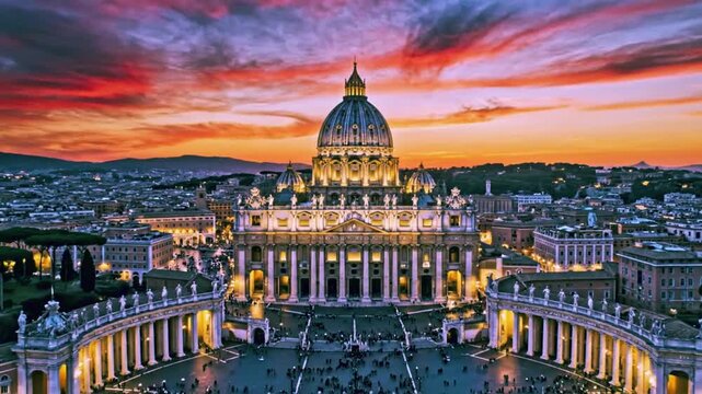 Grandeur at Twilight: St. Peter's Basilica illuminated beneath a dramatic Roman sunset.