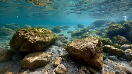 Clear blue water reveals an underwater rocky landscape covered in vibrant green algae