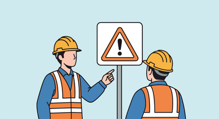 Construction Workers Pointing at Warning Sign Safety and Hazard Awareness.