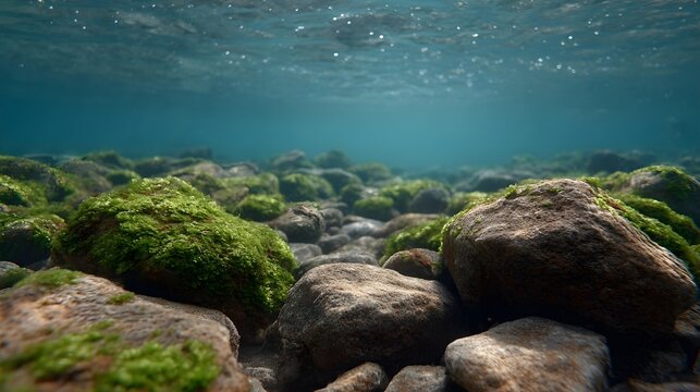 Serene underwater view of moss covered rocks on a clear riverbed with sunlight filtering from above