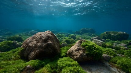 Serene underwater scene showing textured moss covered rocks and abundant green algae on the seabed with sunlit ripples on the water surface above