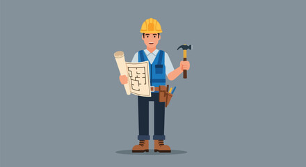 Construction Worker Holding Blueprint and Hammer Ready to Build.