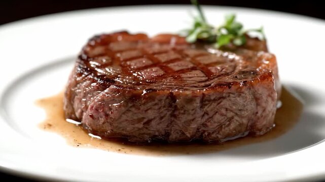Premium grilled beef steak, medium rare, served on a white plate with rich meat jus and fresh rosemary garnish, showcasing perfect grill marks and texture.