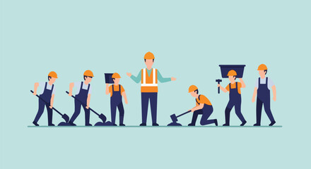 Construction Workers Building Together with Supervisor Overseeing Project.