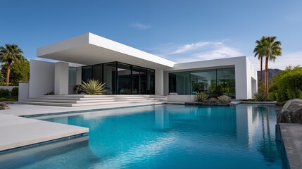 Fototapeta premium Modern luxury villa with infinity pool and glass facade, minimalist tropical architecture and resort lifestyle concept