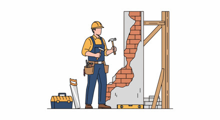 Construction Worker Repairing Brick Wall with Hammer and Trowel.