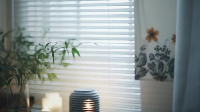 Tranquil home setting showcasing an electric essential oil diffuser illuminating a warm glow next to decorative candles and green foliage, creating a serene and relaxing atmosphere