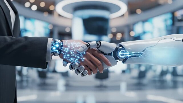 Human and robot handshake in futuristic office. Technology innovation symbolizes collaboration and unity. Modern solutions emphasize teamwork in digital age.