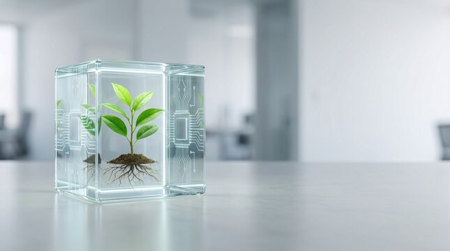 A small green plant with visible roots encased in a glowing transparent cube on a white office desk, symbolizing growth and innovation.