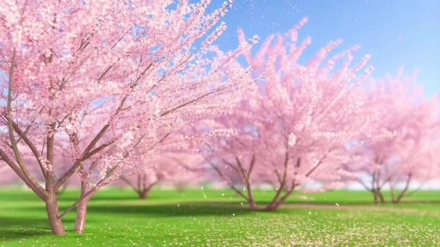 Blooming cherry blossom trees in a serene park setting. A symbol of renewal and beauty in nature, perfect for springtime inspiration
