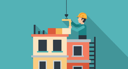 Construction Worker Building Skyscraper with Crane Flat Style.