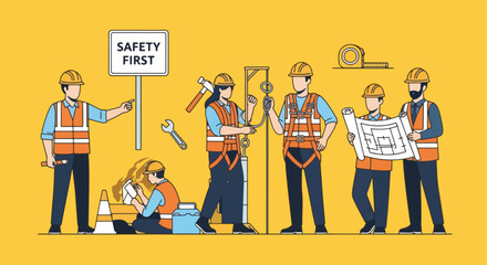 Construction Team Safety First Concept with Workers and Tools on Yellow Background.