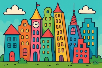 Fototapeta premium Kids create bright playful drawings of buildings with fun shapes and colors in a cheerful space during art class