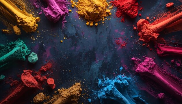 A vibrant and colorful arrangement of powder in various hues and textures on a dark background