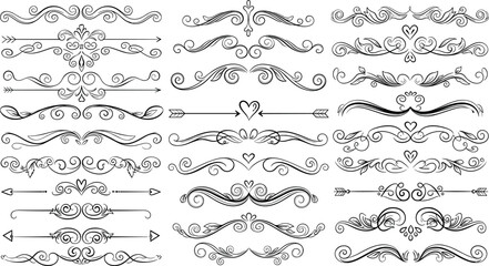 Vector illustration of ornate decorative dividers and flourishes with swirls, curls, arrows, and heart motifs