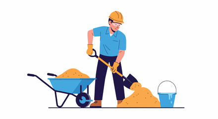 Construction Worker Shoveling Sand into Wheelbarrow.