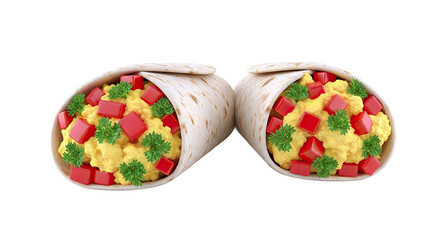 Two Scrambled Egg Burritos with Red Cubes and Parsley