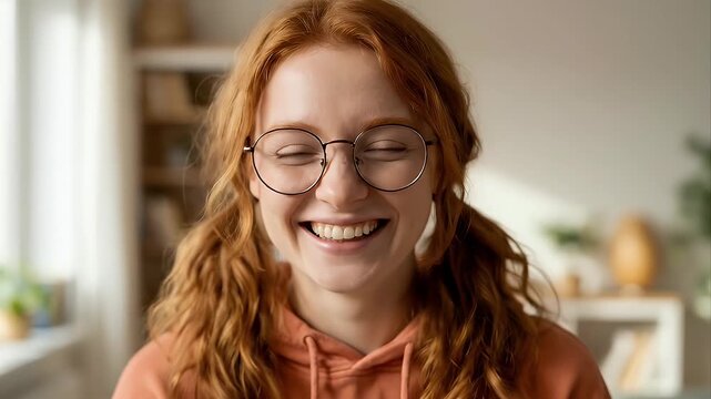A joyful young woman with vibrant red hair styled in pigtails and round spectacles smiles and laughs genuinely into the camera in a bright, natural indoor setting. Her radiant, authentic expression co