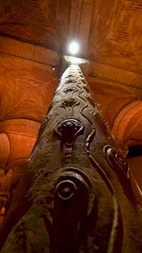 Istanbul,turkey,august 6, 2025. The famous underground cistern of the Basilica Cistern. The Weeping Column, due to its unique decoration, is a popular tourist destination. Low-angle view.