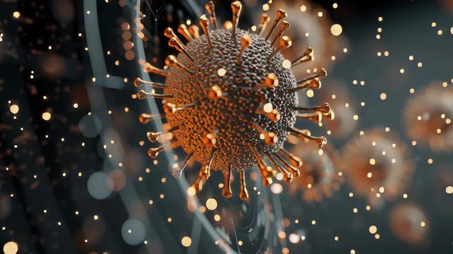 International health security concept, layered composition of virus particles, global connectivity graphics, and protective systems, cinematic realism, premium editorial artwork