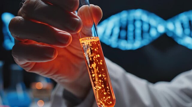 Scientist conducts experiment with glowing test tube in laboratory. Innovative research showcases advancements in biotechnology and chemistry. Bright colors and dynamic atmosphere inspire creativity.