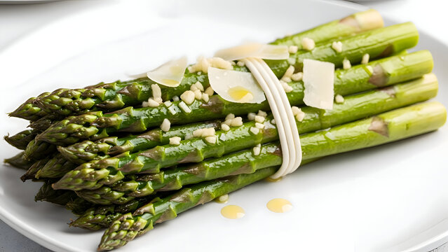 Steamed asparagus spears tied with string and topped with shaved parmesan cheese on a white plate