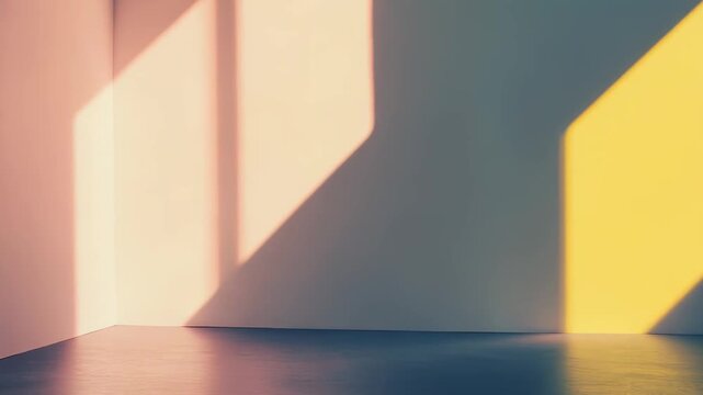 Empty room corner illuminated by warm sunlight, casting geometric patterns of light and shadow on the minimalist white wall and concrete floor, creating a serene and abstract background