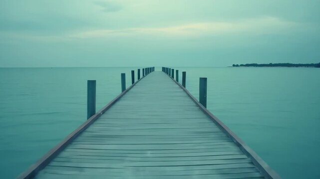 Wooden pier stretching into calm, turquoise sea under a soft, overcast sky, creating a serene and contemplative scene symbolizing a path forward or journey