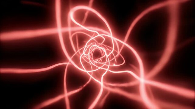 A mesmerizing abstract animation features luminous, flowing red lines on a deep black background. The ethereal light trails undulate and intertwine, creating complex, dynamic patterns that evoke conce