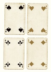 A hand of vintage playing cards in sepia isolated on a white background.