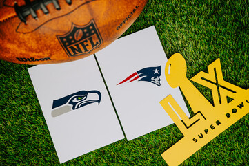 Naklejka premium Super Bowl LX Symbolic Photo: LX Written on Grass with the Lombardi Trophy, Seattle Seahawks vs. New England Patriots