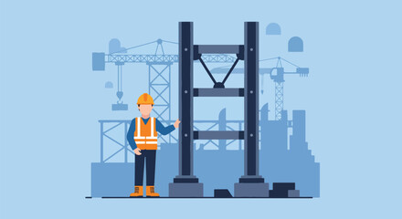 Construction Worker Near Steel Structure on Building Site with Cranes.