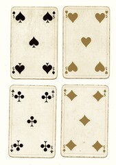 A hand of vintage playing cards in sepia isolated on a white background.