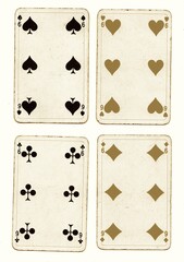 A hand of vintage playing cards in sepia isolated on a white background.