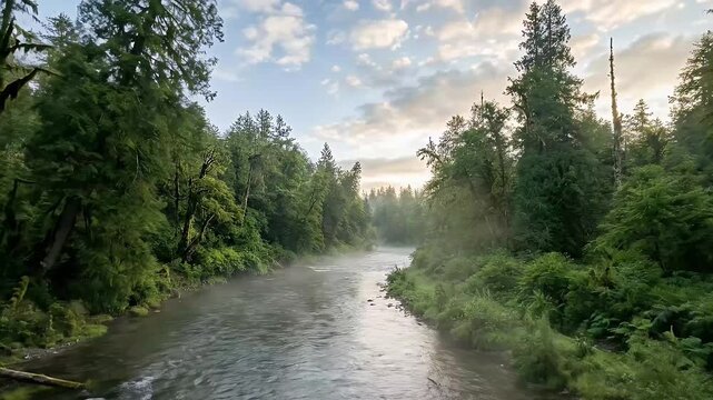 A mesmerizing panoramic shot captures a tranquil river flowing through a lush, dense temperate forest under a soft, cloudy sky. Gentle mist rises from the water, creating an ethereal and serene atmosp